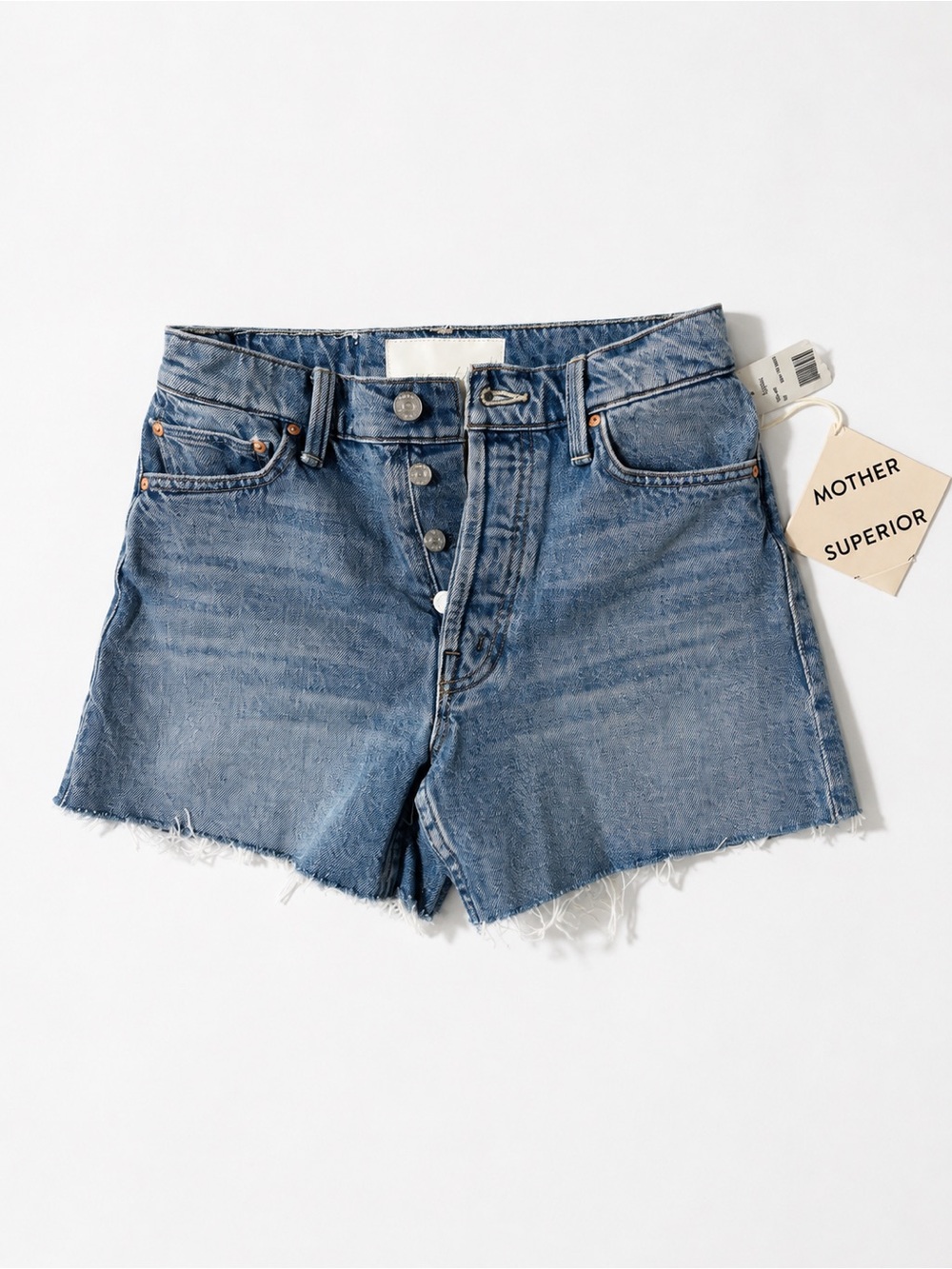 MOTHER Jean Denim Shorts High Waist Button-Front Raw Hem MSRP $238